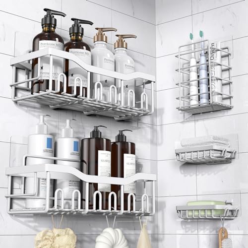 Shower Caddy 5 Pack,Adhesive Shower Organizer for Bathroom Storage&Home Decor&Kitchen,No Drilling,Large Capacity,Rustproof Stainless Steel Bathroom Organizer,Shower Shelves for Inside Shower-Larger by EUDELE