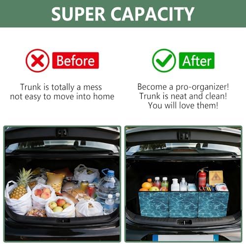 Trunk Organizer Collapsible Car Organizer with Handle Car Storage Box Bin for Groceries SUV Utility Tote Bag Portable Vehicle Container Sea Wave Blue Summer - Image 4