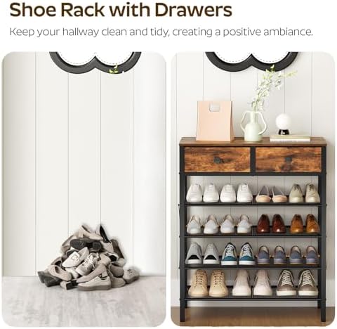 YATINEY 5 Tier Shoe Rack, Large Capacity Shoe Storage Organizer, Metal Shoe Shelf with Drawer and Wooden Top, for 20 Pairs of Shoes, for Entryway, Closet, Rustic Brown and Black SS25BRY1N1 - Image 6