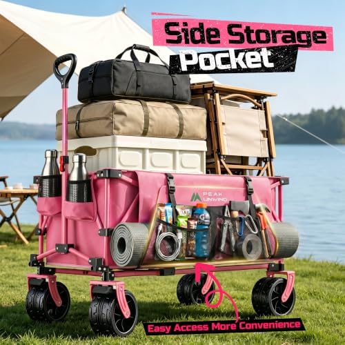 400L Folding Wagon Cart with Brakes & Removable Table, 580lbs Heavy Duty Collapsible Wagon, Big All-Terrain Wheels for Camping, Sports, Grocery, Outdoor - Pink - Image 6