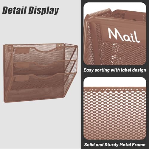 EASEPRES 3 Pocket Mesh Hanging Wall File Organizer, Wall Mounted Mail Paper Document Folder Holder, Clipboard Storage Organization Magazine Rack with Nametag Label for Office Home School, Brown - Image 5