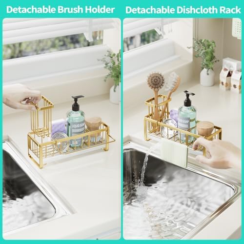HapiRm Sponge Holder for Kitchen Sink - Self-draining Sink Caddy with Brush Holder and Dishcloth Holder, Stainless Steel Kitchen Organizer for Countertop - Gold - Image 3
