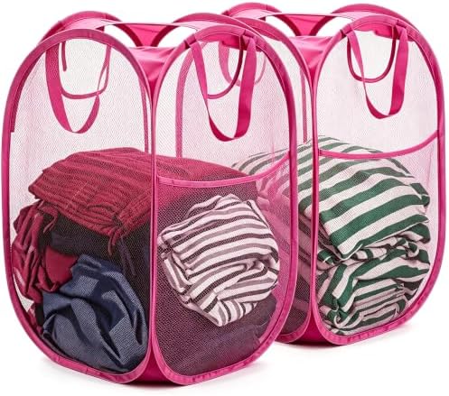 HOUSE AGAIN 2 Pcs Pop Up Laundry Hamper, Strong Mesh Laundry Baskets Collapsible, Hamper with Handles and Side Pocket, Portable Foldable Dirty Clothes for Dorm, Laundry room and Travel Storage, Pink by HOUSEAGAIN