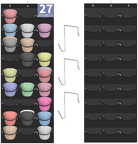 Hat Rack for Baseball Caps, 27 Pockets Over The Door Baseball Hat Organizer, Fitted Hat Storage for Closet Wall Mount Bag With Large Pockets & 3 Hooks, Hat Holder Hanger Organization to Display Caps by clbutgeOrganizer