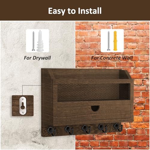 Nekon Key and Mail Holder for Wall, Key Organizer with Drawer, Brown - Image 7