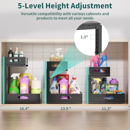 Under Sink Organizer, Extra-Wide Upgrade, 1-Pack of 2-Tier Metal Slide Out Cabinet Organizer, Height Adjustable Organization and Storage Series, Bathroom/Cabinet/Kitchen organization, Black - Image 3