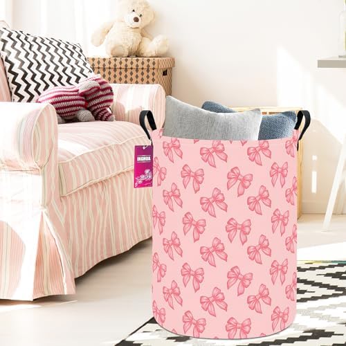 Laundry Hamper Large Canvas Fabric Storage Basket Pink bowknots - Image 5