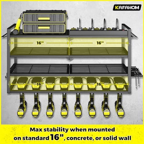 KAFAHOM Power Tool Organizer with Charging Station.Garage 8 Drill Holder Built in 8 Outlets Power Strip,Tool Storage Shelf Wall Mount,Tool Battery Organizer with Screwdriver/Hammer/Air Tool Rack - Image 4