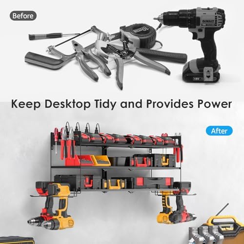 CCCEI Large Garage Tools Storage with Charging Station. Power Tool Battery Organizer Utility Shelf with Power Strip. 4 Drills Holder Wall Mount Rack, Black 3 Layer. - Image 7