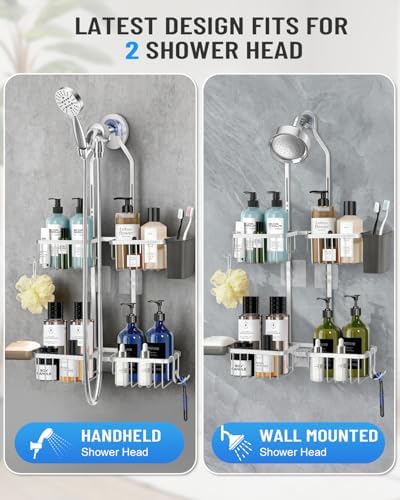 Adjustable Shower Caddy Hanging for Handheld Showerheads - Upgraded Never Rust Shower Hanging Organizer, Bathroom Shower Rack with Soap Basket, Hooks and Toothbrush Holder (Shiny Silver) - Image 3