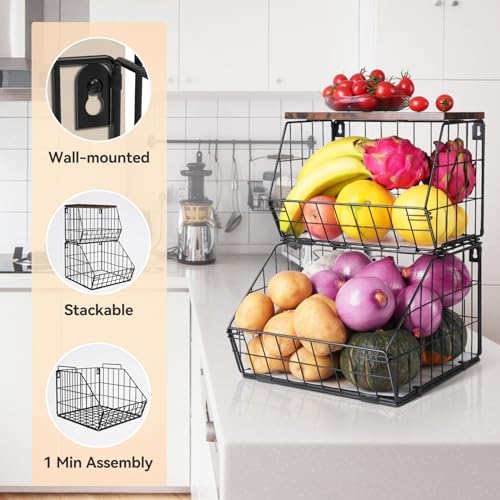 Wawocs 2 Tier Stackable Wall Mounted Hanging Basket, Fruit Basket for Kitchen Counter, Storage Bin with Wood Lid, Onion Storage, Fruit and Vegetable Storage, Countertop Organizer - Image 3