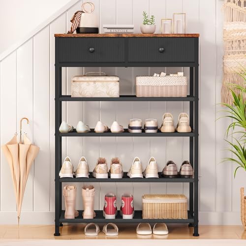 usikey Shoe Rack, 5 Tier Shoe Storage Organizer with 2 Drawers, Metal Shoe Shelf for 12-16 Pairs of Shoes, with 4 Oxford Fabric Shelves and Wooden Top, Shoe Stand for Closet Entryway, Black - Image 2