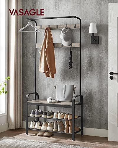 VASAGLE Coat Rack, Hall Tree with Shoe Bench, 4-in-1, 9 Removable Hooks - Image 2