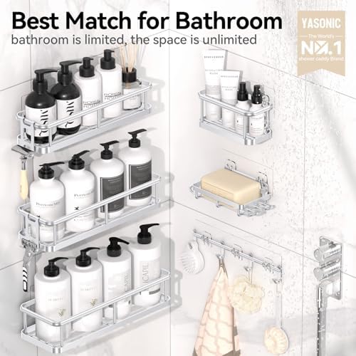 YASONIC Shower Caddy Adhesive, Rustproof Shower Organizer with Soap Holder, Large Capacity Shower Shelves for Inside Shower, No Drilling Bathroom Organizers and Storage for Home Decor（6 Pack Silver） - Image 2