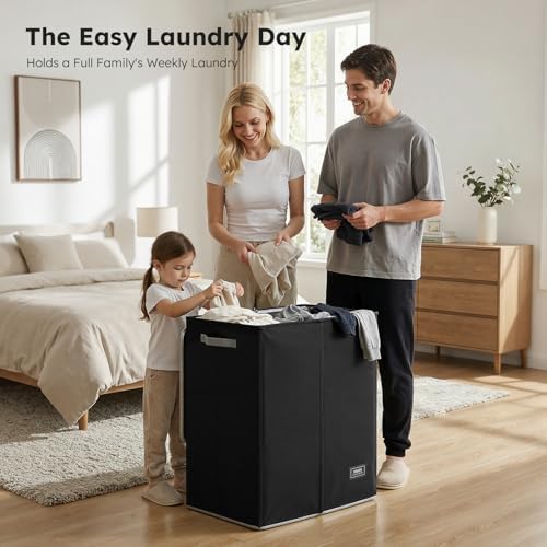 SOLEDI Double Laundry Hamper with Lid and Removable Laundry Bags,Divided Laundry Bin - Large Clothes Hamper 2 Section - Collapsible Laundry Baskets for Bedroom, Bathroom, Laundry Room,Black - Image 2