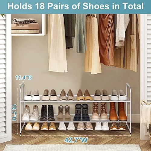 AOODA 2 Tier Long Metal Shoe Rack for Closet Wide Stackable Shoe Storage Organizer 18-Pairs Low Small Sneaker Rack for Entryway, Bedroom, Garage, Grey - Image 3