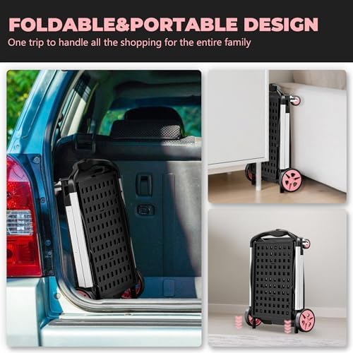 8-in-1 Max 200LBS Collapsible Shopping Cart on Wheels with 2 Storage Crates, Portable Foldable Shopping Cart with Foot Brake for Picnic, Supermarket, Office, Pink-2026 Upgraded - Image 3