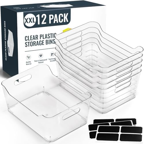 12 PACK Multi-Use Clear Plastic Storage Bins for Organizing w/ Labels - Home, Kitchen, Pantry, Bathroom, Office, Cabinet Shelf Organizer Bins - SOHO Collection, RV, Fridge Organization Containers -XXL by MakeLifeBetterEasier