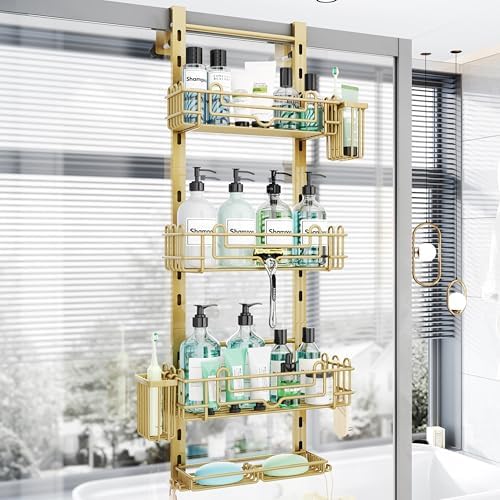 HapiRm Hanging Shower Caddy Organizer - Shower Shelf with 22 Hooks and 2 Toothbrush Holders, No Drilling Adjustable Hanging Bathroom Organizer - Gold by HapiRm