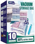 Vacuum Storage Bags, 10 Medium Space Saver Vacuum Seal Bags, Space Bags, Vacuum Sealer Bags for Clothes with Travel Hand Pump (10M) | Home and Travel, Airtight Triple Seal, Save 80% Space, Hand Pump, Work with Vacuum, Double Zip, Reusable, Easy to Use by HIBAG