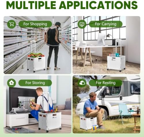 Folding Utility Cart, Portable Rolling Crate Handcart Collapsible Shopping Trolley with Lid, Foldable Tool Box Basket with 4 Rotate Wheels for Grocery, Office, Luggage, School - White - Image 6