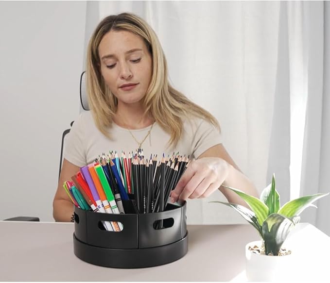 Black Rotating Desk Organizer with Dividers Lazy Susan Caddies for Home School Office Supplies, Pens, Markers and Art Supplies for Classroom - Image 6