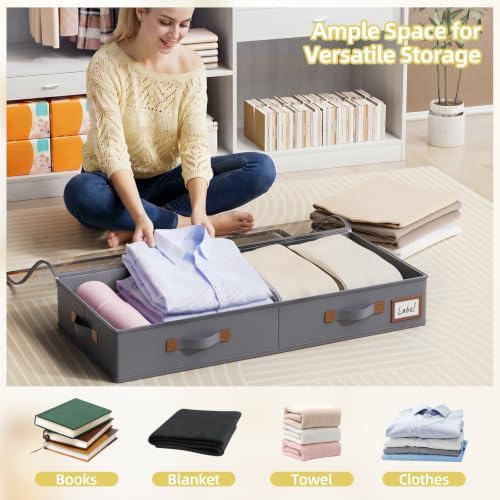 FHSQX Under Bed Storage Container 2Pack 4.5 Inches Low Profile Under-bed Organizer Bins Slim Under Couch Storage Box Ideal For Seasonal Clothes Blankets Towel Fabric (2, Drak Grey, 31.5 * 17 * 4.5in) - Image 2