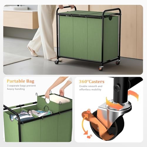180L Laundry Sorter 3 Section, Rolling Laundry Basket with Wheels and Lid - Image 3