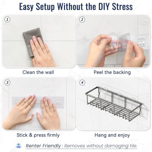 8 Pack Adhesive Rustproof Shower Caddy with Soap Dishes, Toothbrush Holder & Hooks, Large Capacity No-Drilling Shower Shelves Rack for Bathroom Organizers and Storage Accessories, Dark Gray - Image 6