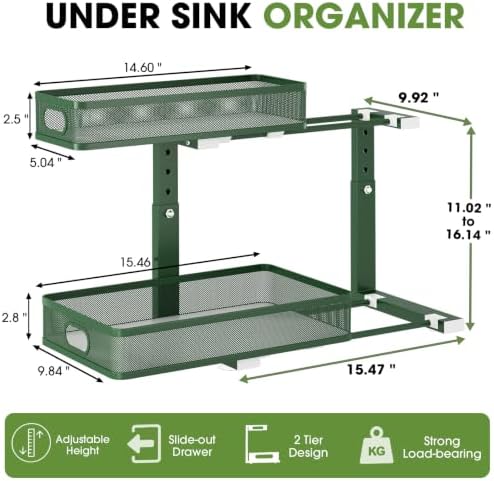 Under Sink Organizer, 2-Tier Pull-Out Cabinet Storage Shelf, Dark Green - Image 2