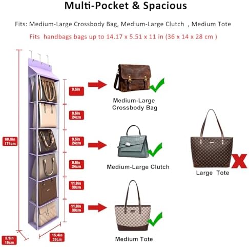 Lirex Over The Door Purse Organizer & Purse Shelf for Closet – Handbag Storage Organizer with Purse Hanger. Perfect for Scarves, Hats, and Leggings. L (15.7'' x 5.7'' x 68''), Purple - Image 2