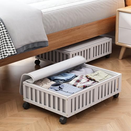 MHXW SXPN 2 Pack Bamboo Under Bed Storage Containers with Wheels, White | Underbed Drawer Storage with Bag, Wood Rolling Underbed Organizer for Shoes, Sheets Clothes Blanket Comforter, Under Crib Toy by MHXWSXPN