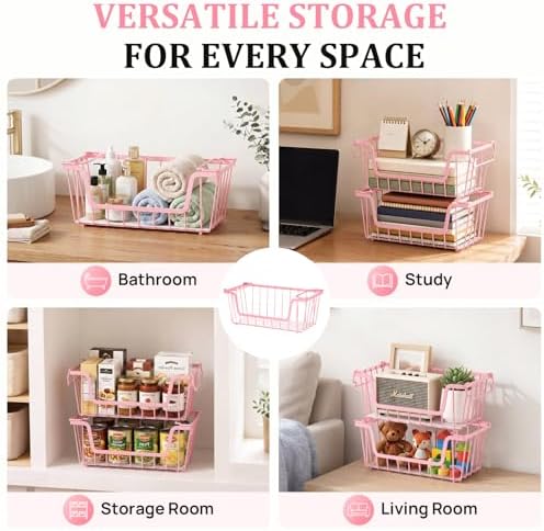 SUNALLY Stackable Storage Bins 4 Pcs Wire Baskets Freezer Organizer, Pink - Image 7