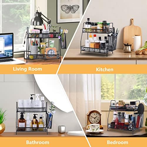 Bathroom Organizer with Basket, 2-Tier Bathroom Tray for Countertop Storage Shelf, Bathroom Counter Organizer, Vanity Organizer and Storage Kitchen Counter Organizers Spice Rack - Image 5