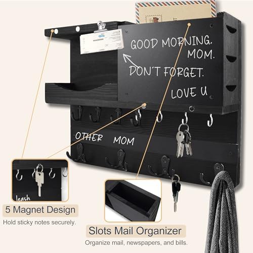 Key Holder Wall Mount with Shelf, Key Hooks for Wall, Black - Image 5