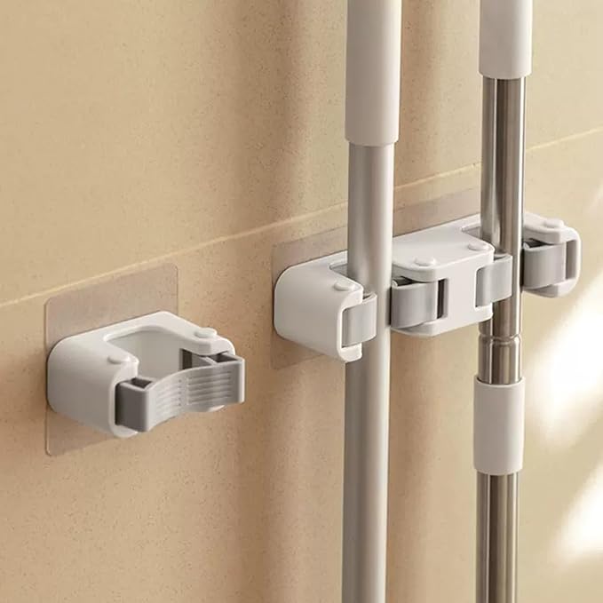 Broom Holder Wall Mount Self Adhesive, No-Drill Mop Grip Double Clip by feelP0P0