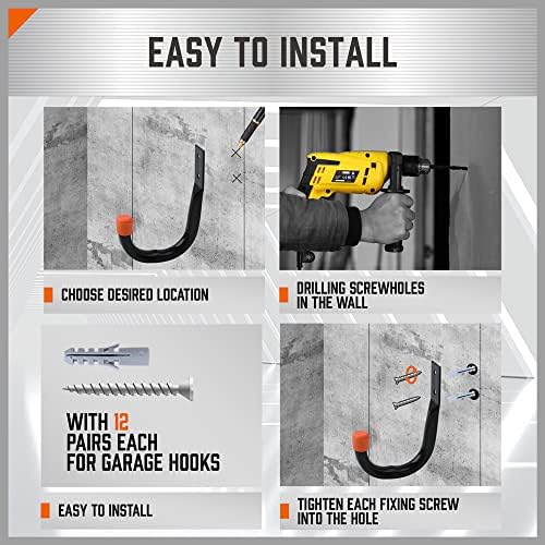 HORUSDY 6-Pack Heavy Duty Metal Wall Hooks, Large Garage Storage & Organization Hooks for Tools, Extension Cords, Ladders, and Bags, Wall Mount J Hooks for Indoor Outdoor Use, Black - Image 6