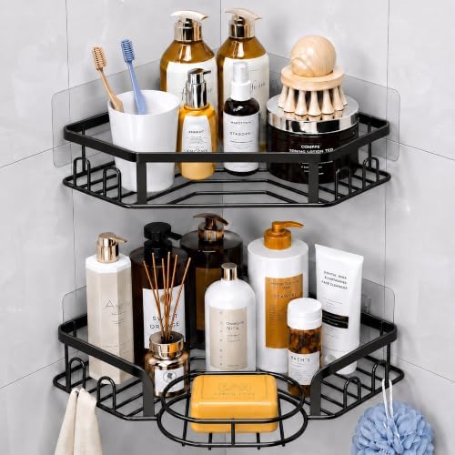 Corner Shower Caddy, Rustproof Shower Organizer with Soap Holder and 8 Hooks, No Drilling Adhesive Shower Shelves for Inside Shower, Large Capacity Shower Rack for Bathroom Shower Storage, X-Large by MAXIFFE