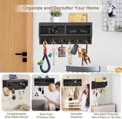 Key Holder Wall Mount with Mail Organizer, 6 Hooks & Shelf, Black - Image 2
