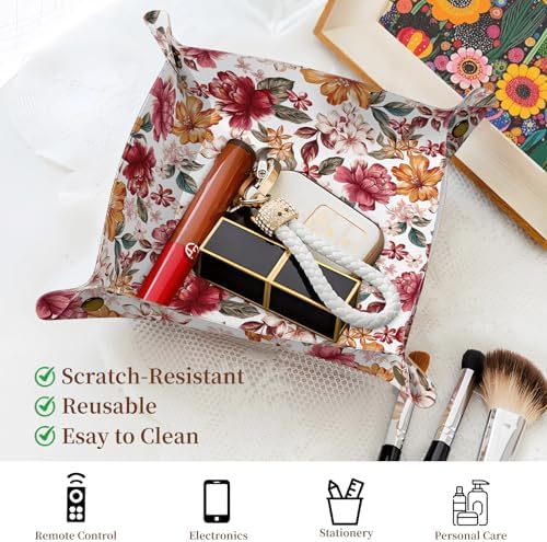 PU Leather Jewelry Valet Tray, Portable Catchall Tray for Keys, Wallet, Watch,Travel Jewelry Tray Organizer for Nightstand Desk Entryway Home Decor Gift for Women Men Orange Flowers - Image 2
