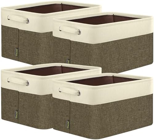 BALEINE 4 Pack Fabric Closet Storage Bins for Shelves, Linen Closet Organizers and Storage, Decorative Baskets for Organizing, Shelf, Clothes, Home, Office (Brown, 12"x8"x8") by BALEINE