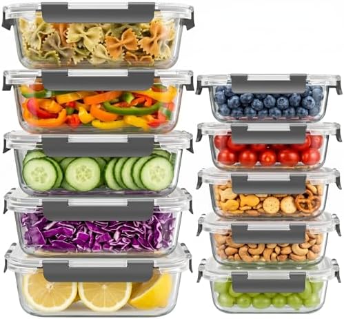 Dealusy 10 Sets 36 oz & 12 oz Glass Food Storage Containers with lids, Gray by Dealusy