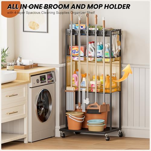 Olakee Taller Broom Holder with Cleaning Supplies Organizer, Broom Closet Storage Cabinet with Mop Hanger Gripper Rack Hooks, Housekeeping Janitorial Cart with Cleaning Caddy, Garage Home Improvement - Image 2