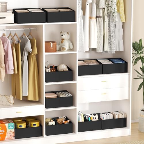 DIMJ Large Closet Shelf Organizer Bins 8 Packs with Handles and Divider, Fabric Trapezoid Storage Baskets, Foldable Clothes Containers Box for Shelf, Towel, Book, Toy, Purse, Hats, Black - Image 4