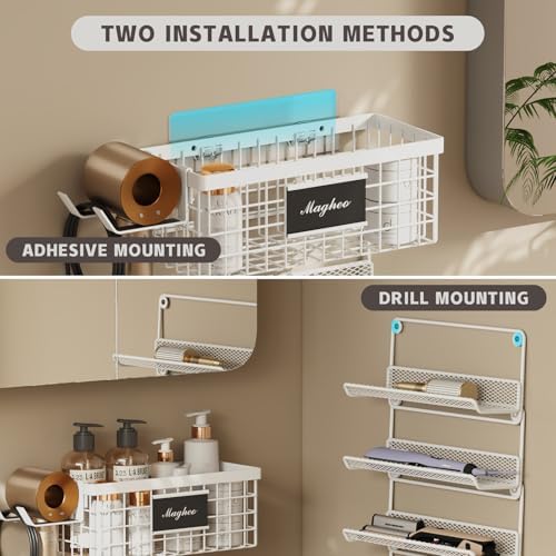Magheo Hair Dryer Holder Wall Mounted, Adheisve Hair Styling Tool Organizer for hair Brush/Appliance Wall Mount with 5 Tier Shelf Basket Hooks Blow Dryer and Straightener Holder for Bathroom(White) - Image 5