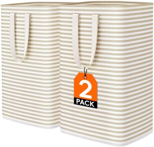 Lifewit 75L x 2 Pack Collapsible Laundry Hamper Large,Tall Foldable Dirty Clothes Baskets Waterproof, Freestanding Double Bags with Easy Carry Handles in Dorm Bedroom Bathroom College, Beige by Lifewit