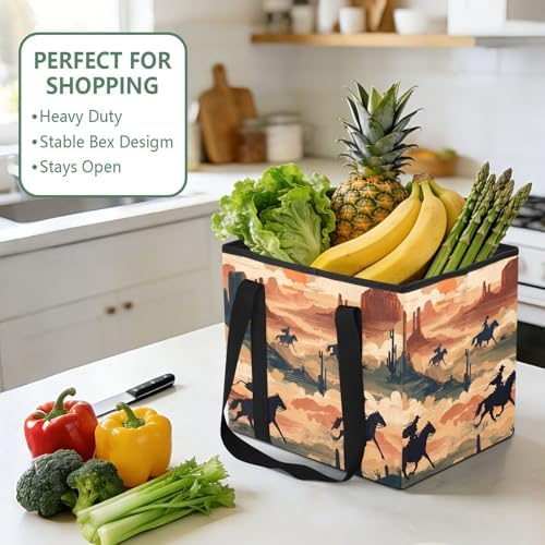 Trunk Organizer Collapsible Car Organizer with Handle Car Storage Box Bin for Groceries SUV Utility Tote Bag Portable Vehicle Container Beige Cowboy Gallop Western - Image 5