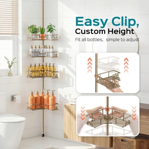 HAMITOR No-Drill Shower Rack, 4-Tier Corner Rustproof Tension Pole, Khaki - Image 6