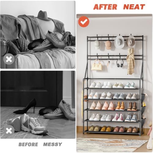 OYREL Shoe Rack, 5 Tier Shoes Storage Organizer with Hooks and Side Pocket - Image 6
