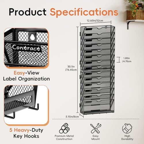 15-Tier Wall File Organizer with Hook, Hanging File Organizer Black - Image 2